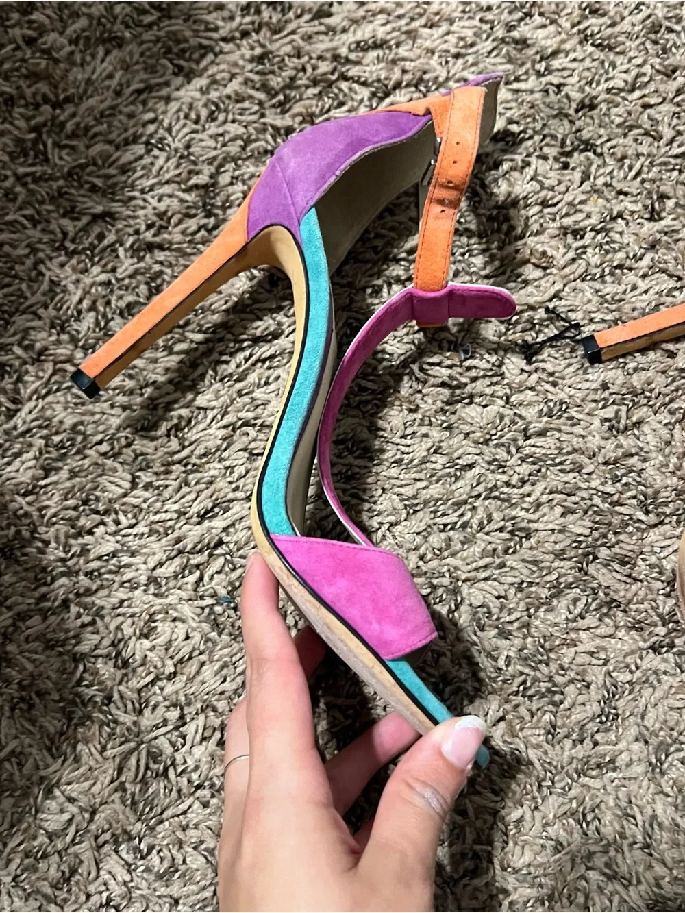 B Brian Atwood Pink, Teal & Orange Suede T-Strap Heels